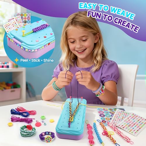 DDAI Birthday Gift Friendship Bracelet Kit for Girls Age 8-12 – Arts and Crafts Kits - Gem-Decorated DIY Craft Set with Threads & Beads – Ideal Holiday Present for Kids Age 7 9 10 11 Years Olds Toys - color: Pink & Blue