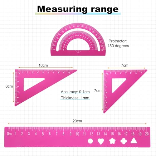 HARFINGTON 4pcs Triangular Ruler Set 20mm Aluminum Geometric Protractor Triangle Engineering Scale Drafting Ruler Kit for Office Home, Pink - color: Pink, size: 20mm