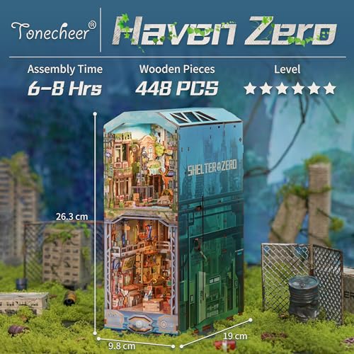 Tonecheer DIY Book Nook Kit for Adults, Wooden 3D Puzzle Bookend Diorama Bookshelf Insert Decor Fancy Books, Booknook Miniature House Kit with Dust Cover and Sensor LED (Haven Zero) - color: Haven Zero