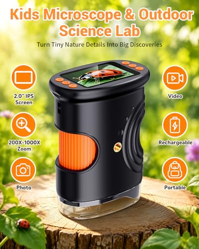 Kids Magnifying Glass 2-inch Digital Handheld Microscope for Kids - color: Black