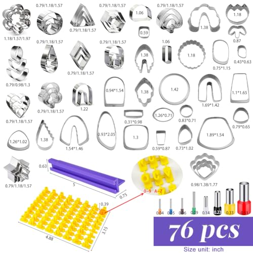 PTFJZ Polymer Clay Cutters for Earring Making 76pcs Clay Tools Set 67 Shapes Stainless Steel Clay Cutters with 8 Circle Shape Cutters 1 Letter Stamp - color: 76metal