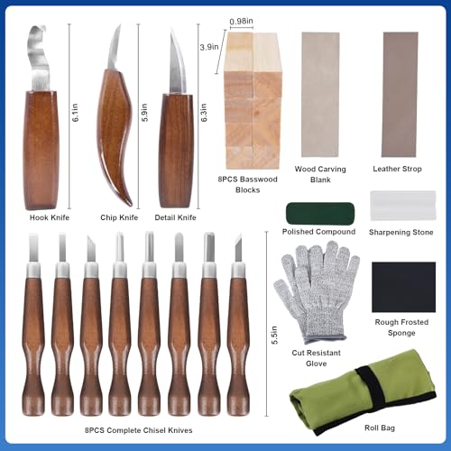 Wood Carving Kit Whittling Kit, 26pcs Wood Carving Tools Knife Set with 3 Wood Carving Knives 8 Detail Knives 8 Blocks, Whittling Kit DIY Hobbies for Beginners Adults Kids - Gift for Men Teens