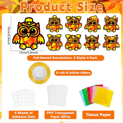 QOUBAI 32 Sets Fall Owl Suncatchers Craft Kit DIY Window Stained Glass Effect Autumn Owl Paper Crafts Home School Classroom Decoration Kid Birthday Gift Creative Art Project Activity Game - style: Fall Owl