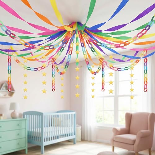 700 Sheet Rainbow Paper Chain Strips and 52 ft Gold Star Garland Set - color: Rainbow-700pc