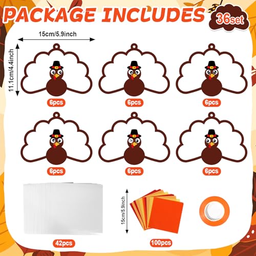 Qyeahkj 36 Set Thanksgiving Turkey Suncatchers Crafts for DIY Fall Window Tissue Paper Craft Kit Autumn Hanging Decor for Harvest Home Activity Art Project Birthday Party Favor Gift - style: Thanksgiving Turkey