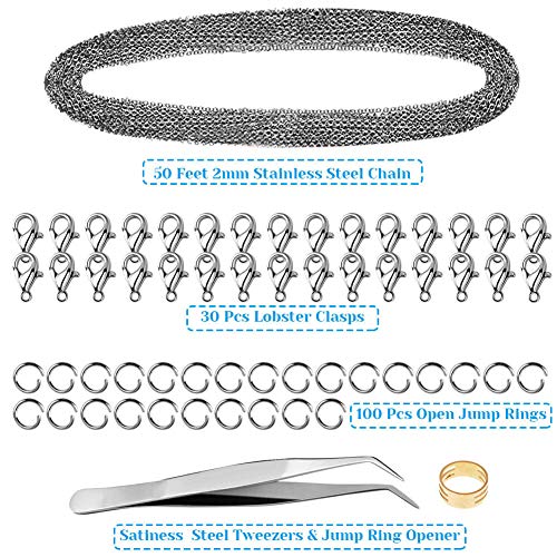 50 Feet Stainless Steel Chains for Jewelry Making, Anezus Jewelry Chain Bulk Small Metal Chains with 100 Jump Rings 30 Lobster Clasps for Necklace Making Bracelet DIY (Pack of 2) - size: 2mm (Pack of 2)
