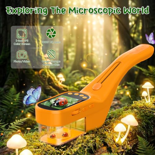 CIMELR Bug Catcher for Kids with 2.4" Screen, 500X Digital Microscope, 1080P Photo/Video, 1000mAh Battery, 8 LED, PC Real-Time Imaging, STEM Nature Toy & Gift for Boys Girls Ages 3-12 - color: Yellow