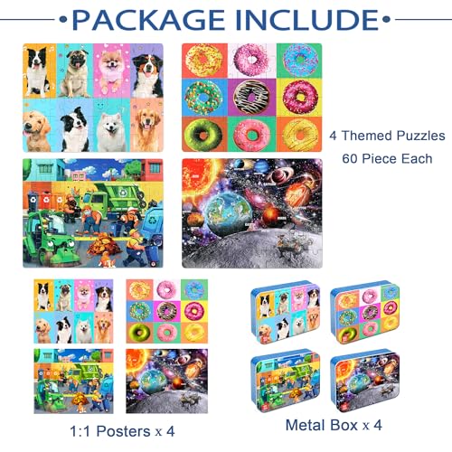 LELEMON Puzzles for Kids Ages 4-6,4-Pack 60 Piece Puzzles for Kids Ages 4-8 in a Metal Box,Donut Dogs Space Garbage Truck Educational Jigsaw Puzzles Puzzle Games Puzzle Toys for Girls and Boys - color: 4-pack 60 Piece 1)