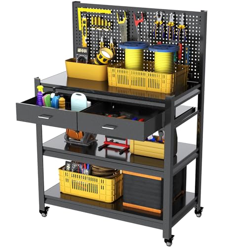 Metal Workbench, Mobile Work Table, Pegboard & Drawer, 2 Pack - size: 47.2"H x 33.5"W x 18"D with Drawers