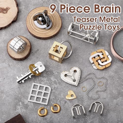 Wettarn 9 Pcs Metal Brain Teasers 3D Steel Puzzle Set, Novel Style - style: Novel Style