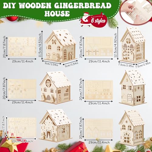 Kathfly 36 Set DIY Christmas Wooden House to Paint House Gingerbread Kit with 12 Watercolor Pens Unfinished Wooden Village Craft Kit Christmas Tree Ornaments for Xmas Winter Party Decor Art