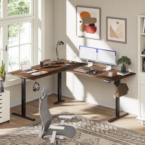 63 Inch L Shaped Electric Standing Desk, Corner Workstation, Dark Walnut - color: Basic-dark Walnut, size: 63x48 Inch