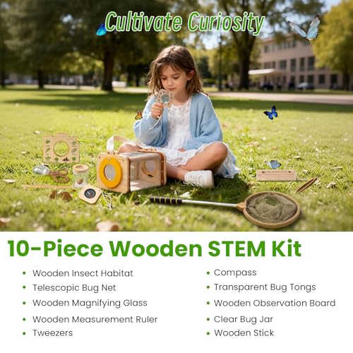 Bug Catching Kit for Kids Ages 3-14, 11PCS Wooden Nature Explorer Set with Butterfly Net, Bug Habitat, Magnifying Glass and Outdoor Insect Tools, Catch-and-Release STEM Educational Toy Gift