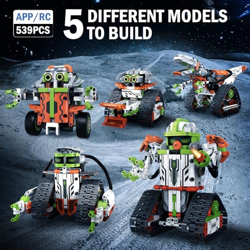 STEM Robot Building Kit with Remote Control for Boys Age 8-12, Coding Robotic Technic Toys Birthday Gifts for Kids, 5 in 1 Science Kit Robotic Models with 539 Pieces - color: Orange