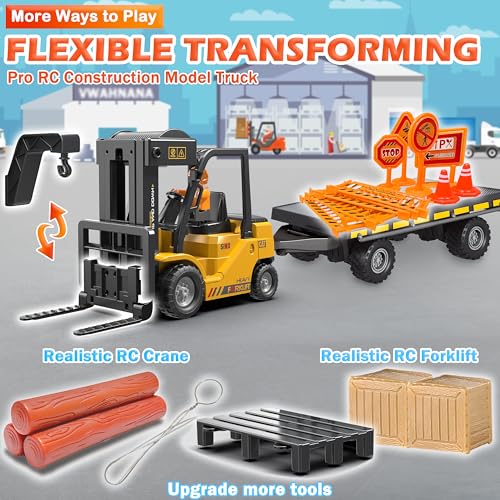 3 in 1 RC Forklift Toy with Trailer & Fork & Hook,Traffic Sign Set - color: Yellow, size: 1:24 Scale with Trailer (18.5×4×6.3 inch)