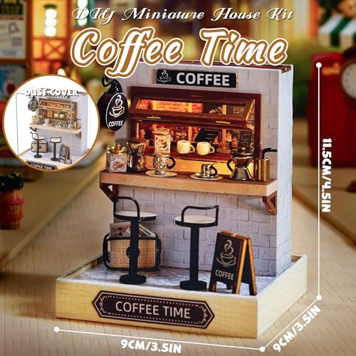 Kisoy Dollhouse Miniature with Furniture Kit, DIY 3D Wooden DIY House Kit with Dust Cover,Handmade Tiny House Toys for Teens Adults Gift (Coffee Time) - color: Coffee Time