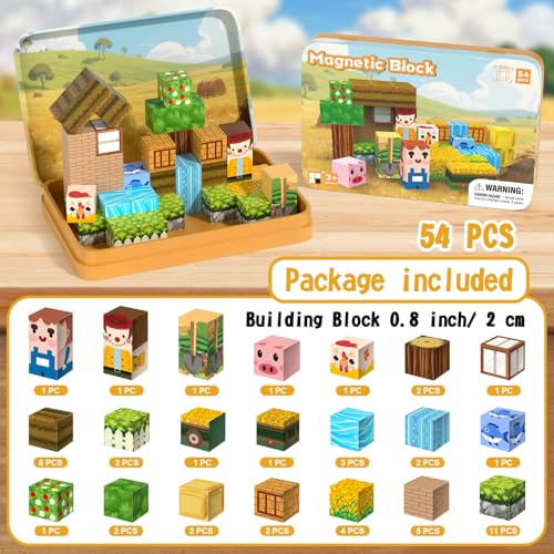 54PCS Travel Magnetic Blocks, Mini Magnet Toys for Kids,Magnetic Building Blocks Cube, Portable Magnetic Toys Set for kids 3-5, Stem Construction Stacking Toy 3+ Toddles Boys Girls Birthday Gifts - style: Farm