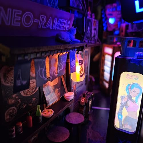 Neo Ramen MiniAlley DIY Cyberpunk Book Nook Kit – Wooden Diorama with Neon Lights, Futuristic Ramen Shop & Endless Alley Illusion – Unique Collectible Display for Bookshelf or Desk - style: Neo-Ramen MiniAlley