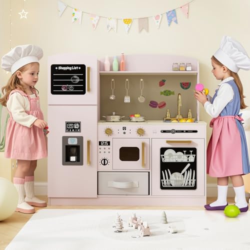 Costzon Kids Kitchen Playset, Wooden Pretend Play Kitchen w/Real Lights & Sounds, Chalkboard, Microwave, Ice Maker, Dishwasher, Sink, Cookware Accessories, Play Kitchen for Kids Ages 3+ (Pink) - color: Wooden Pink
