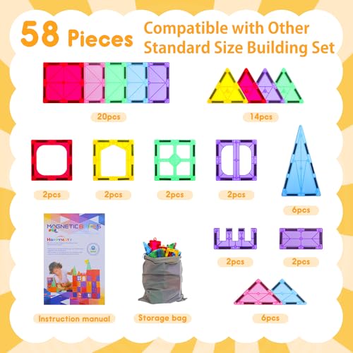 Antibacterial Magnetic Tiles, 58PCS 3D STEM Building Blocks Set - size: 58 PCS