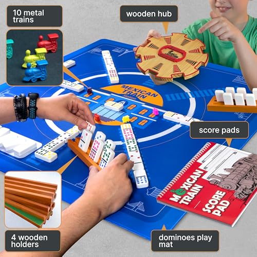 Queensell Mexican Train Dominoes Set with Jumbo Tiles – Double 12 Dominoes Set for Adults, 91 Tiles with Colorful Dots, Wooden Hub, Train & Aluminum Case - size: D12 Jumbo