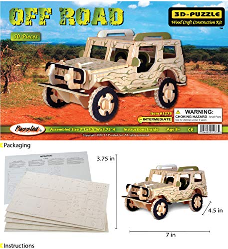 Puzzled 3D Puzzle Off-Road Vehicle Wood Craft Construction Model Kit, Fun & Educational DIY Wooden Toy Assemble Model Unfinished Crafting Hobby Puzzle to Build & Paint for Decoration 50 Pieces Pack