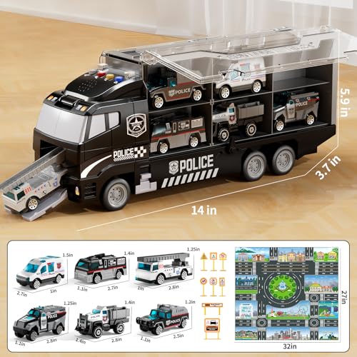 NIPLOOOW Kids Boys Toys for 3 4 5 6 Years Old, Police Truck Vehicle Toy Set with Play Mat and Die-Cast Toy Car, Transport Carrier Truck for Kids, Birthday Gifts Toys for 3 4 5 6 7 8+ Year Old Boys - style: Police truck