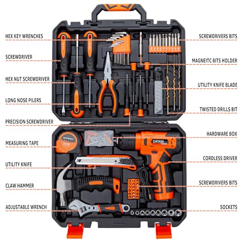 CARTMAN 150PCS 8V Cordless Drill Hand Tool Set, Orange Household Repair Kit - color: Orange