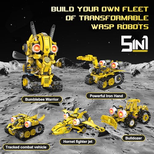 5-in-1 Remote Control STEM Robot Building Kit with LED Light – Transformable Models, Eco-Friendly Rechargeable, App-Controlled, Engineering Toy for Kids 6+ (673PCS)