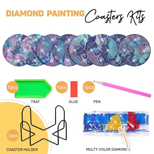 8 pcs Diamond Painting Coasters | Diamond Art Coasters | Blue Butterfly Diamond Art Painting | Perfect Art Craft Gift for Butterfly Lover, Dad, Mom, Grandparents, Brother, Sister. - color: Blue Butterfly