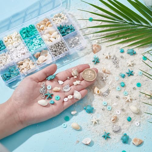 UNICRAFTALE 1 Box About 740Pcs Blue White Clay Beads Ocean Vacation Turquoise Turtle Shells Bracelet Making kit Ocean Animal Starfish Flat Round Summer Sand Beads Kit for Jewelry Making - color: White & Blue & Stainless Steel Color