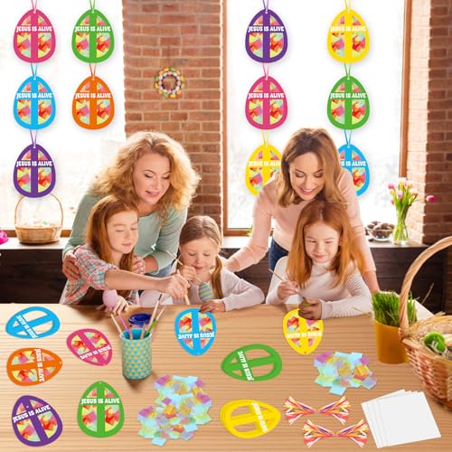 Qyeahkj 36 Set Easter Eggs Suncatchers Crafts for DIY Jesus is Alive Cross Window Tissue Paper Craft Kit Religion Hanging Decor for Church Home Activity Art Project Party Favor Gift - style: Jesus is Alive