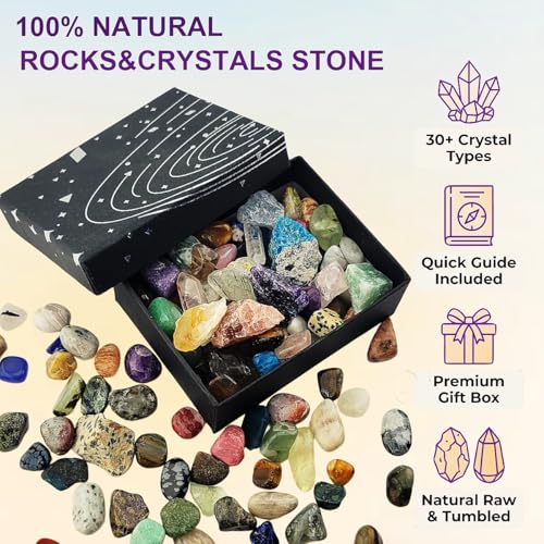 0.5lb 80+ Pieces 30 Kinds Rock Mineral Collection Set Includes Natural Raw Crystal and Chip Crystals for Healing,Tumbling