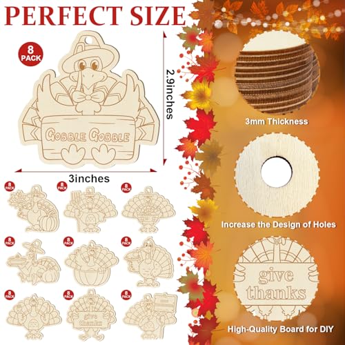 80PCS Wooden Thanksgiving Decoration Turkey Ornaments to Paint Thanksgiving Ornaments for Tree Crafts Cutouts Unfinished, DIY Blank Fall Unfinished Turkey Pumpkin Ornament for Home Harvest Hanging - color: Turkey Cutouts
