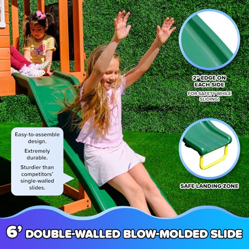 Sportspower Cedar Wooden Swing Set with Saucer Swing, Sling Swing, Play Fort, on 6ft Slide, Heavy Duty Double A-Frame