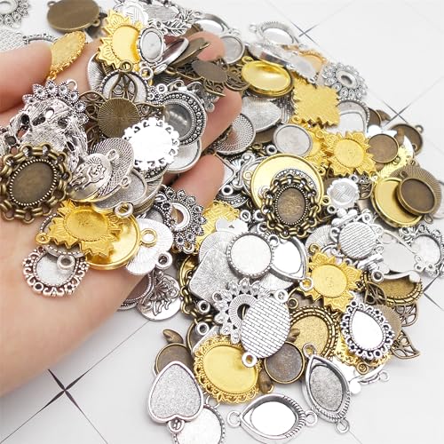 60 Pcs Bezels For Resin Jewelry Making, Assorted Mini Bezel Pendant Trays For Jewelry Making, Cabochon Blanks And Pendant Blanks, 8 Shapes, 5 Metal Tones, Alloy Cameo Setting, 0.4-1.6 Inch