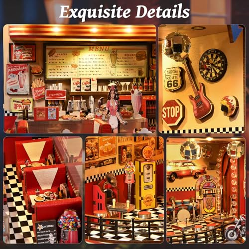 fifijoy Book Nook Kit - DIY Miniature House Kit for Adults, Retro 1950s Diner Tiny House Building Kit with LED, Dollhouse Kit Bookshelf Insert Decor Gifts of Family and Friends (1950s Diner) - color: 1950s Diner