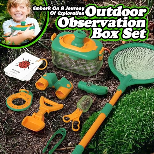 Camping Toys for Kids, Outdoor Observation Box Set, 10-Piece Nature Exploration Kit with Bug Container, Magnifier, Foldable Telescope, Bug Net, Safety Goggles, Ages 3-6 Birthday