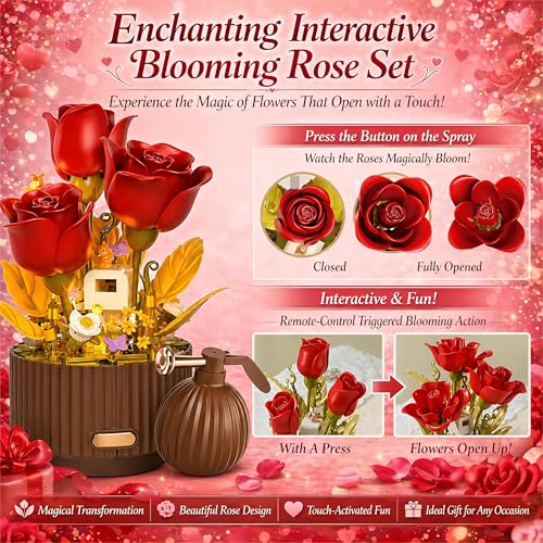 Electric Flower Bouquet Building Set 255PCS – Motorized Blooming Roses with Interactive Spray Bottle, Watering Sound & LED Lights, DIY Botanical Kit ,Unique Gift for Women & Adults, Room & Desk Decor - color: Red
