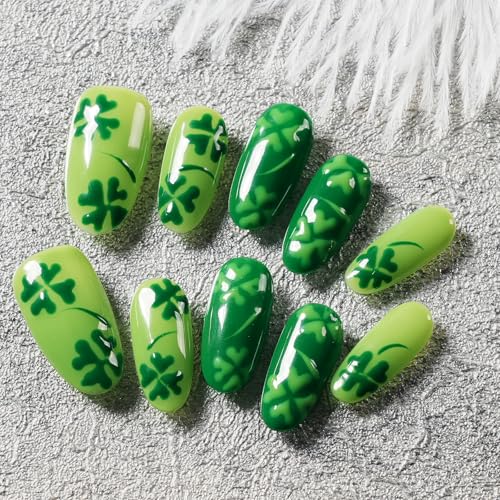 Medium Oval Press On Nails, Hand-Painted Green Four-Leaf Clover Design, Glossy Reusable Acrylic Full Cover Nails (Size L) - color: Clover Glow Rush, size: L