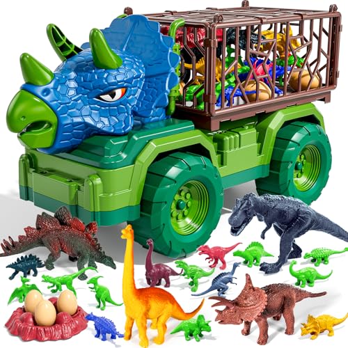 22 in 1 Triceratops Dinosaur Truck Toys for Kids Boys Ages 3-5-7 4-8, Dino Carrier Truck with 18 Jurassic Dino Figures, 3 Dinosaur Eggs, 3 4 5 6 7 8 Year Old Toddler Boy Girl Birthday Gifts