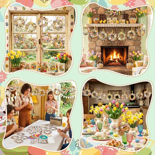 Hollowfly 48 Sets Easter Wreath Craft Kits, DIY Spring Bunny Paper Crafts - style: Vintage Easter