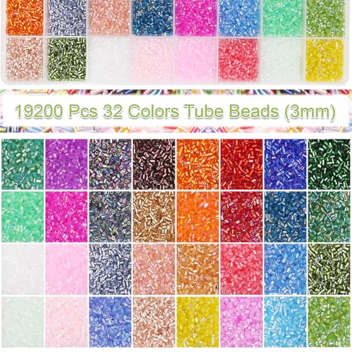 EuTengHao 19200Pcs Tube Beads Kit 3mm Glass Bugle Seed Beads for Jewelry Making Embroidery & Home Decor (32 Vibrant Colors) - size: 3MM