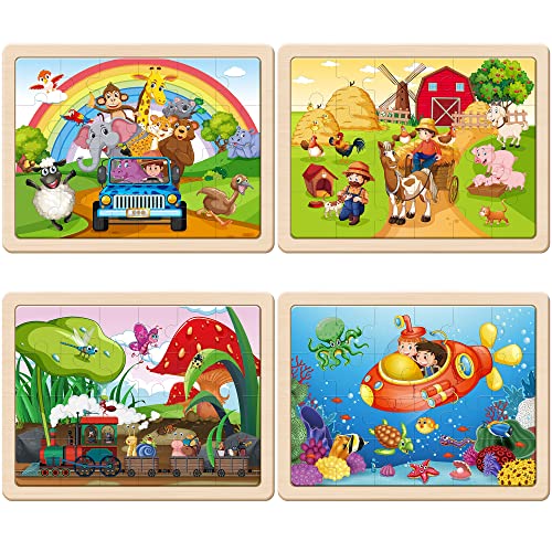 SYNARRY Large Animal Wooden Puzzles for Kids Ages 4-6, 4-in-1 Gift Set - style: Animals
