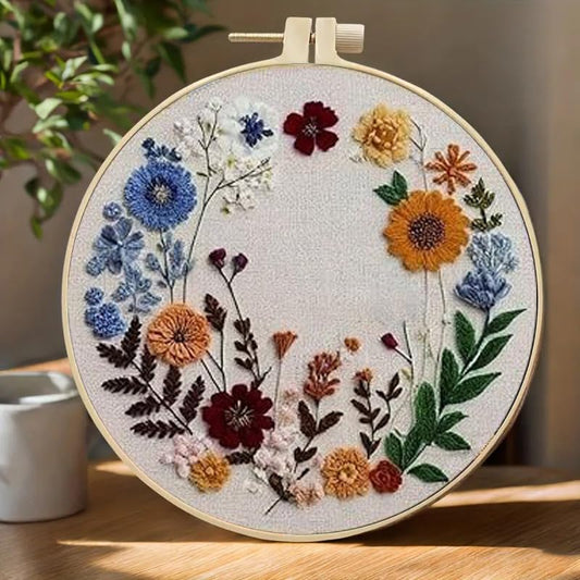 Huacan Embroidery Kit, 4 Pack Pre-Stamped Patterns, 7.8-Inch Hoop, Threads & Needles, DIY Needlework Craft Gift - style: Flower