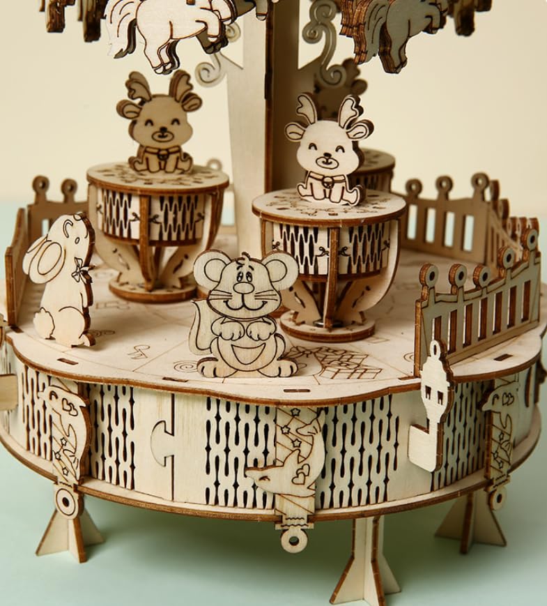 3D Wooden Puzzle Carousel Architectural Model Kit for Adults - style: Animal Carousel