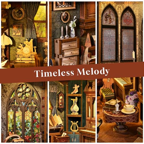 fifijoy Book Nook Kit Music, DIY Miniature House Kit Book Nook, 3D Wooden Puzzle Bookshelf Insert Diorama Kit with Led Light for Teens and Adults (Timeless Melody) - color: Timeless Melody