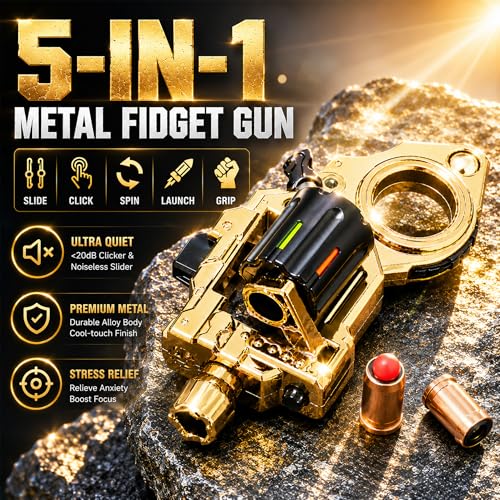 Metal Fidget Toys Gun for Adults: EDC Stress Relief Fidget Spinner Toy, 5 in 1 Mini Cool Fidgets Guns with Slider & Finger Ring for Men (JJ007 - Gold) - color: Jj007 - Gold