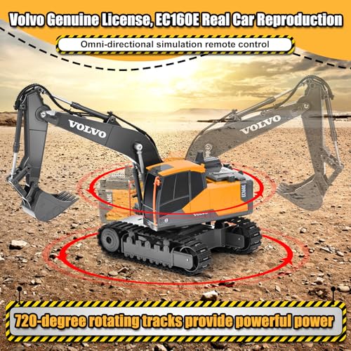 Double E Volvo Licensed Remote Control Excavator Toy, 2.4GHz All‑Terrain Sand-Ready Construction Vehicle with 360° Spin & 330° Cab Rotation, Rechargeable, Dig & Unload, STEM Birthday Gift for Kids 3+