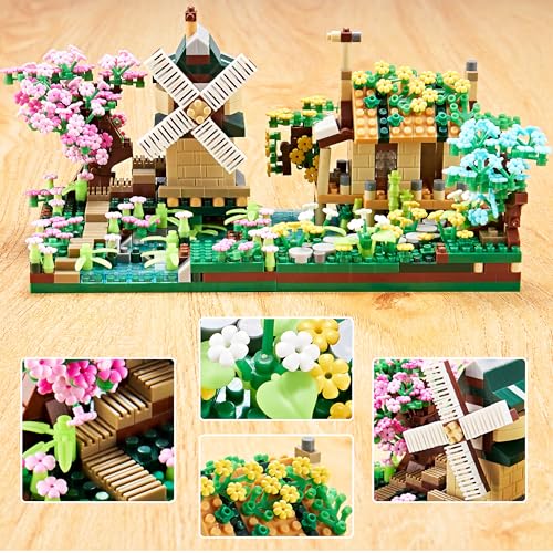 JXRLMB Botanicle Collection Sakura Tree House Micro Blocks Building Set for Adults Friendship Windmill Cherry Blossom Tree Flowers 2 Sets - color: Spring and Summer